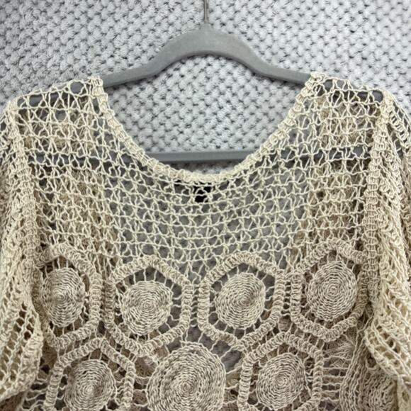 Y2K VTG Fever Cardigan L Beige Crochet V-Neck Tie Front Coquette Boho Festival - Picture 8 of 14